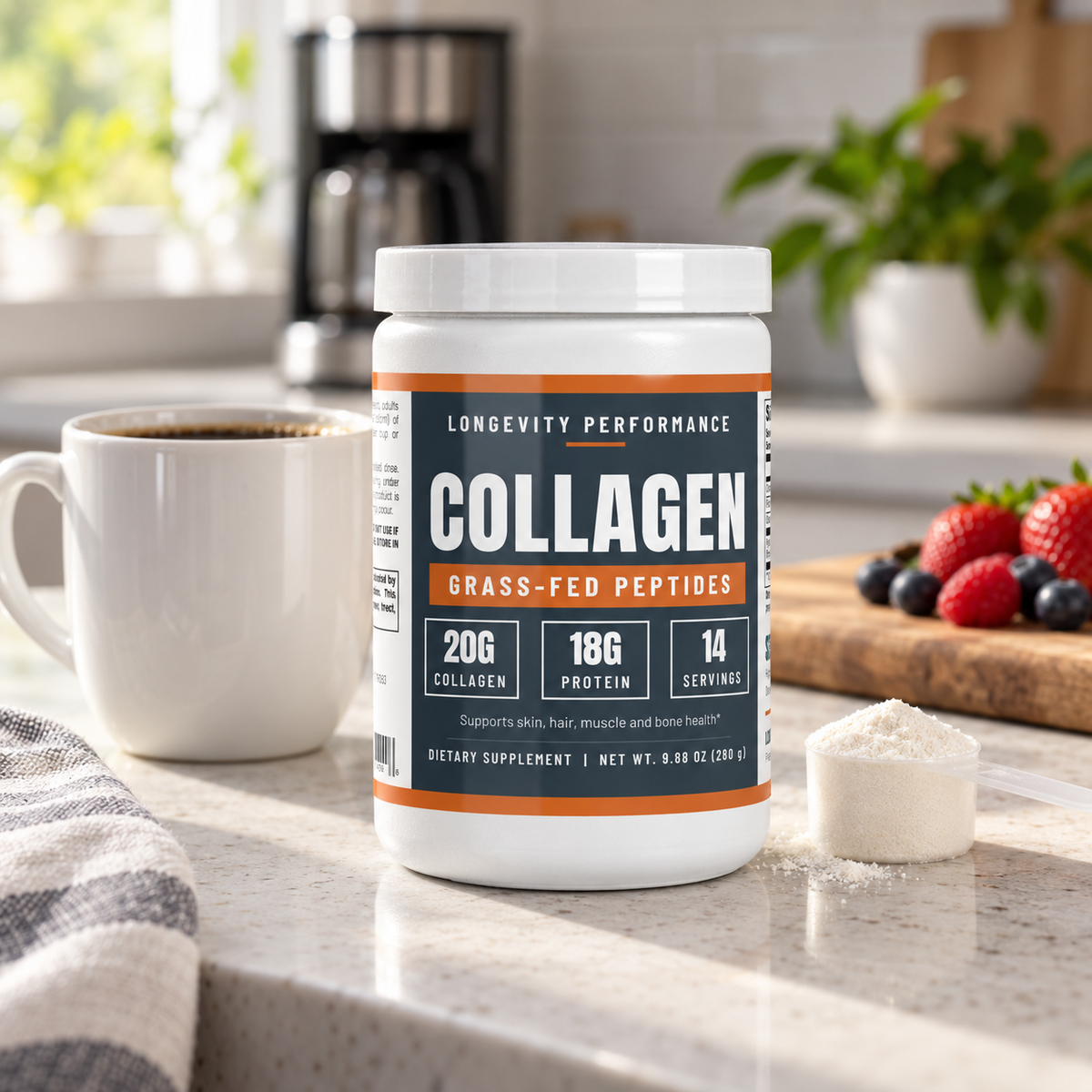 Longevity Performance Grass-Fed Collagen Peptides on a kitchen counter with coffee, a scoop of collagen, and fresh berries