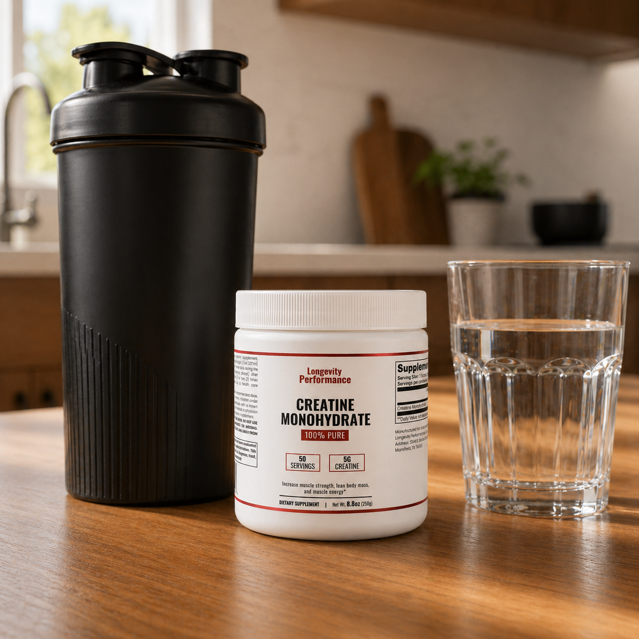 Longevity Performance Creatine Monohydrate on kitchen counter with shaker bottle and water glass