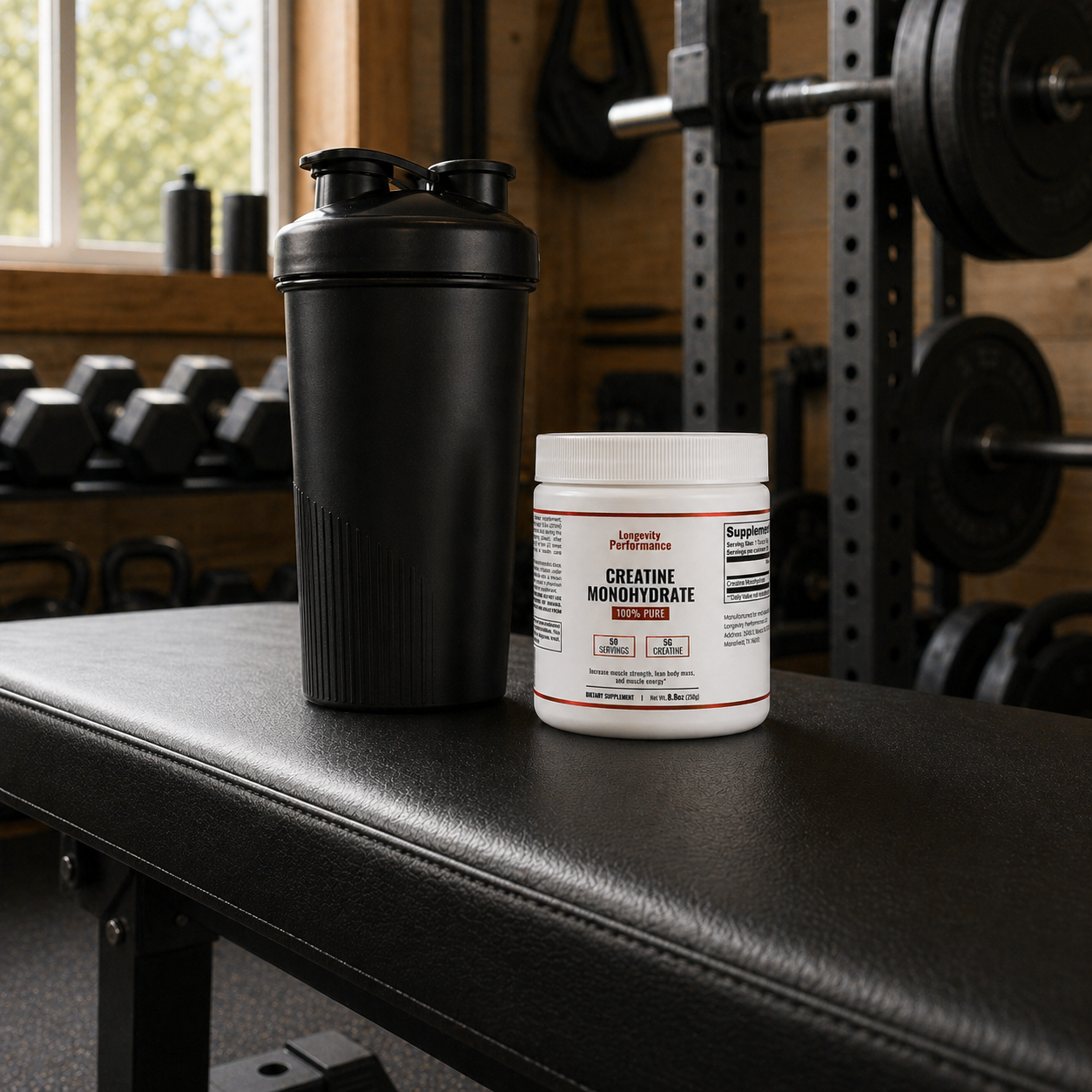 Longevity Performance Creatine Monohydrate on home gym bench with shaker bottle
